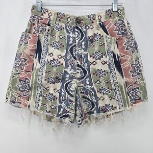 Vtg 90s Y2K Shorts Vivaldi Paisley Denim 12 High Rise Festival Aztec Tribal Geom